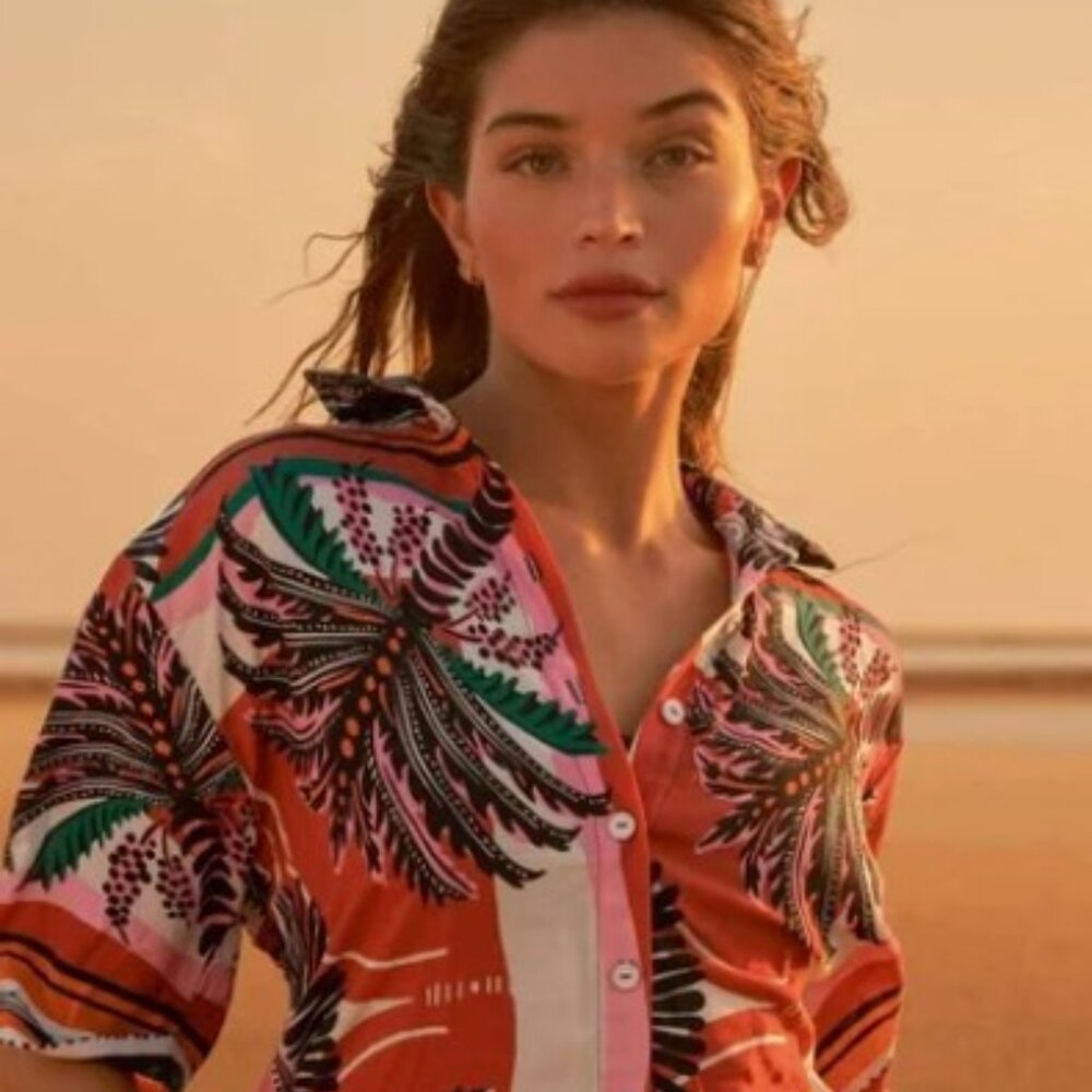 Maaji Eclectic Palms Saona Shirt Women’s Tropical Button Down Cover-Up SZ L NWT